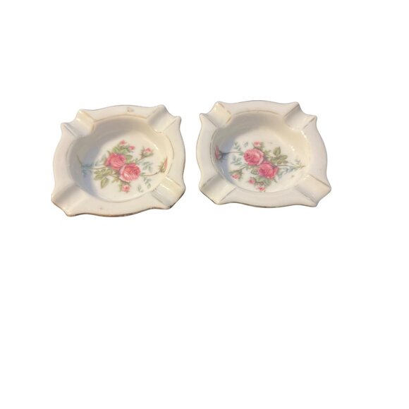 Vtg Set 2 Gold Castle Porcelain Personal Ashtray Pink Flowers Floral Estate 3" - Picture 1 of 5